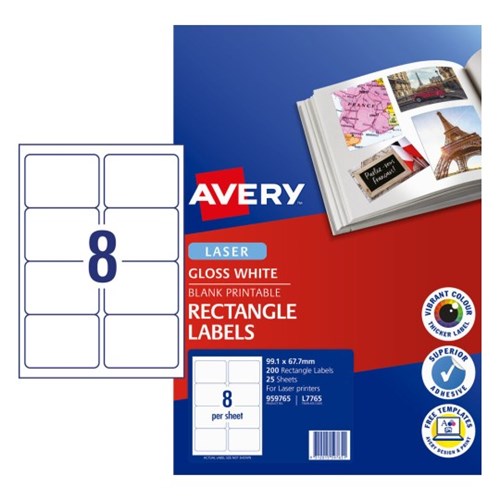 Label Avery L7765 Laser 8UP PK25 99.1mmx 67.7mm Glossy White